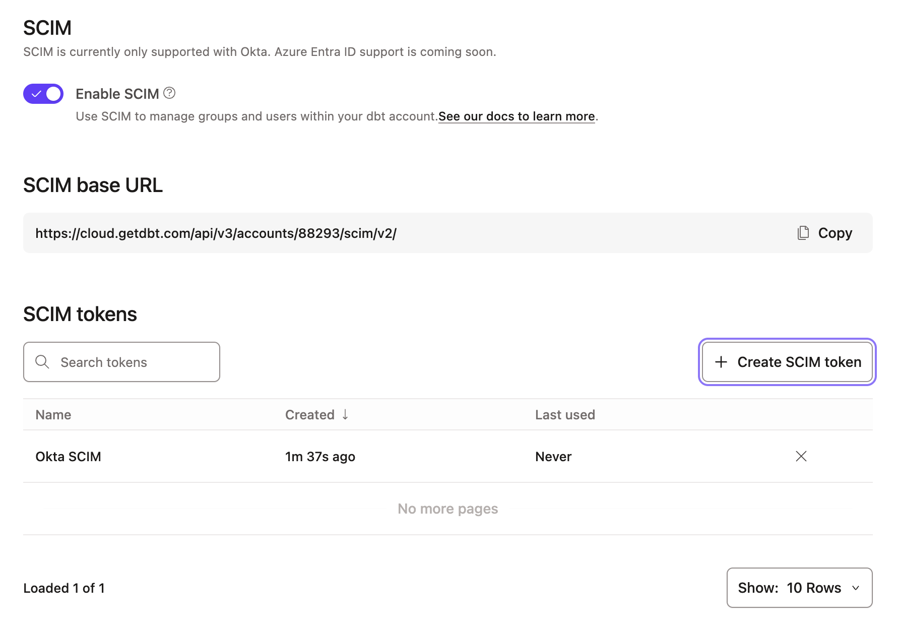 SCIM enabled in the configuration settings.